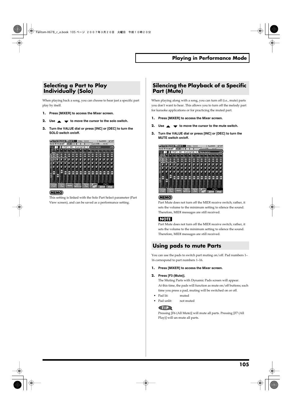 Selecting a part to play individually (solo), Silencing the playback of a specific part (mute), Using pads to mute parts | Solo switch (p. 105), Mute switch (p. 105), 105 playing in performance mode | Roland X-6 User Manual | Page 105 / 348