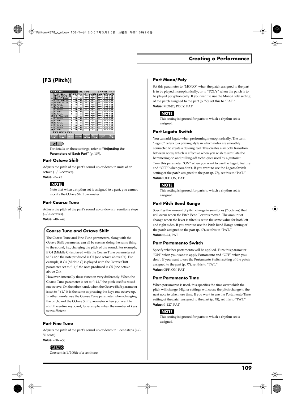 Part coarse tune (p. 109), F3 (pitch), 109 creating a performance | Roland X-6 User Manual | Page 109 / 348