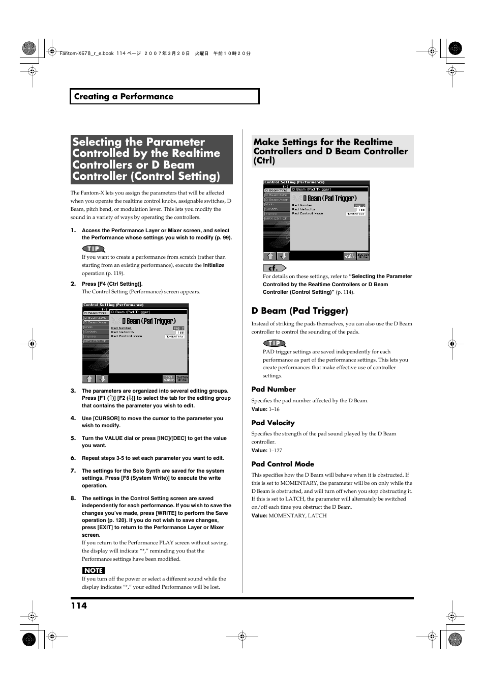 For details on the setting, refer to, Make settings for the realtime, Controllers and d beam controller (ctrl) | P. 114), D beam (pad trigger), 114 creating a performance | Roland X-6 User Manual | Page 114 / 348