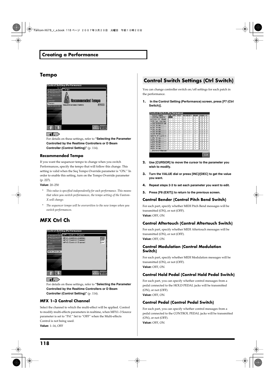 Control switch settings (ctrl switch), Tempo, Mfx ctrl ch | 118 creating a performance | Roland X-6 User Manual | Page 118 / 348