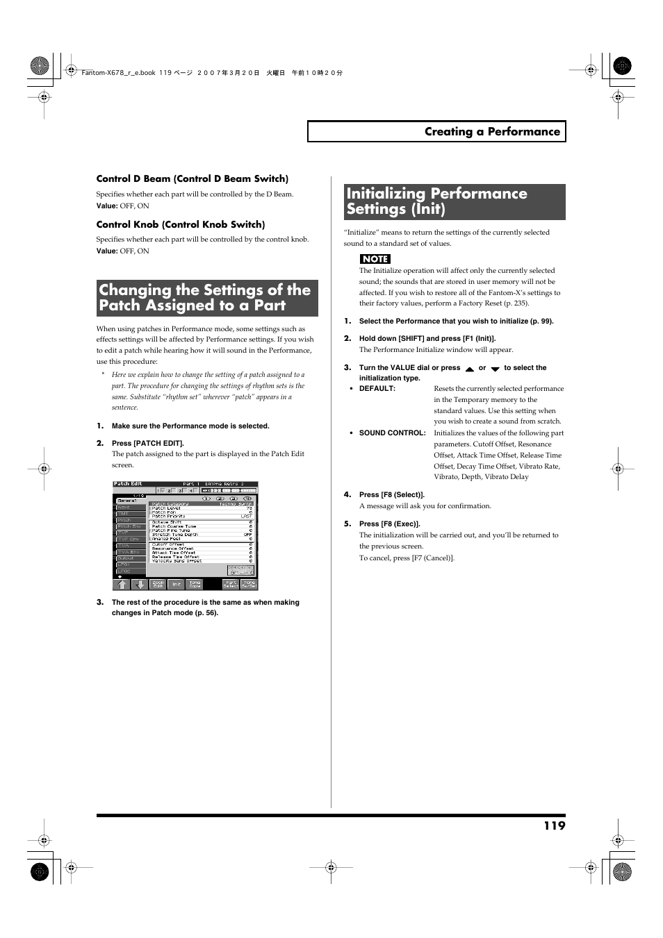 Initializing performance settings (init), Operation (p. 119), 119 creating a performance | Roland X-6 User Manual | Page 119 / 348