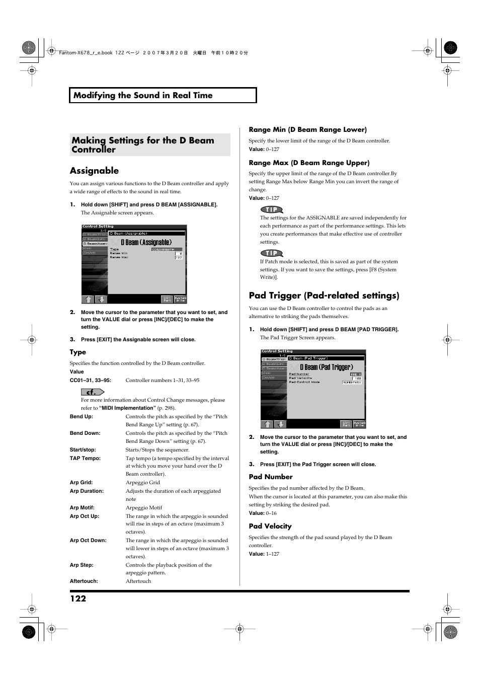 Making settings for the d beam controller, Modify the sound in realtime. -> (p. 122), The sound in realtime. -> (p. 122) | Assignable, Pad trigger (pad-related settings), 122 modifying the sound in real time | Roland X-6 User Manual | Page 122 / 348