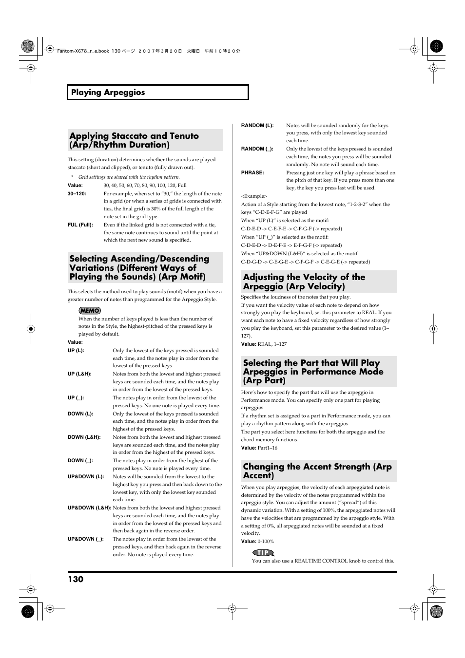 Applying staccato and tenuto (arp/rhythm duration), Changing the accent strength (arp accent), Arpeggio part (p. 130) | 130 playing arpeggios | Roland X-6 User Manual | Page 130 / 348