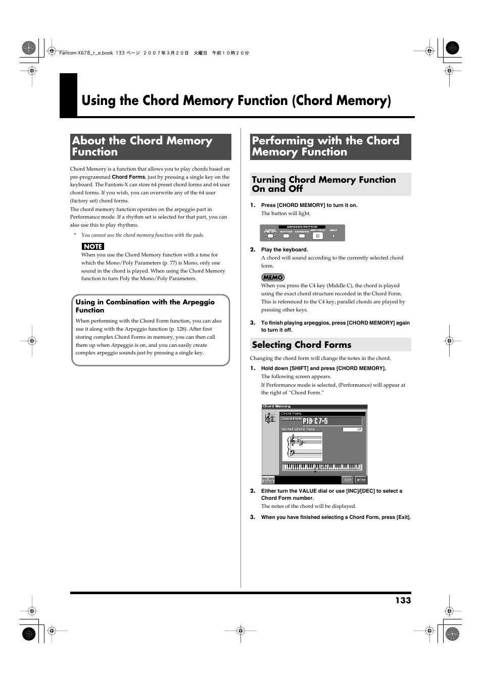 Using the chord memory function (chord memory), About the chord memory function, Performing with the chord memory function | Turning chord memory function on and off, Selecting chord forms, P. 133) | Roland X-6 User Manual | Page 133 / 348