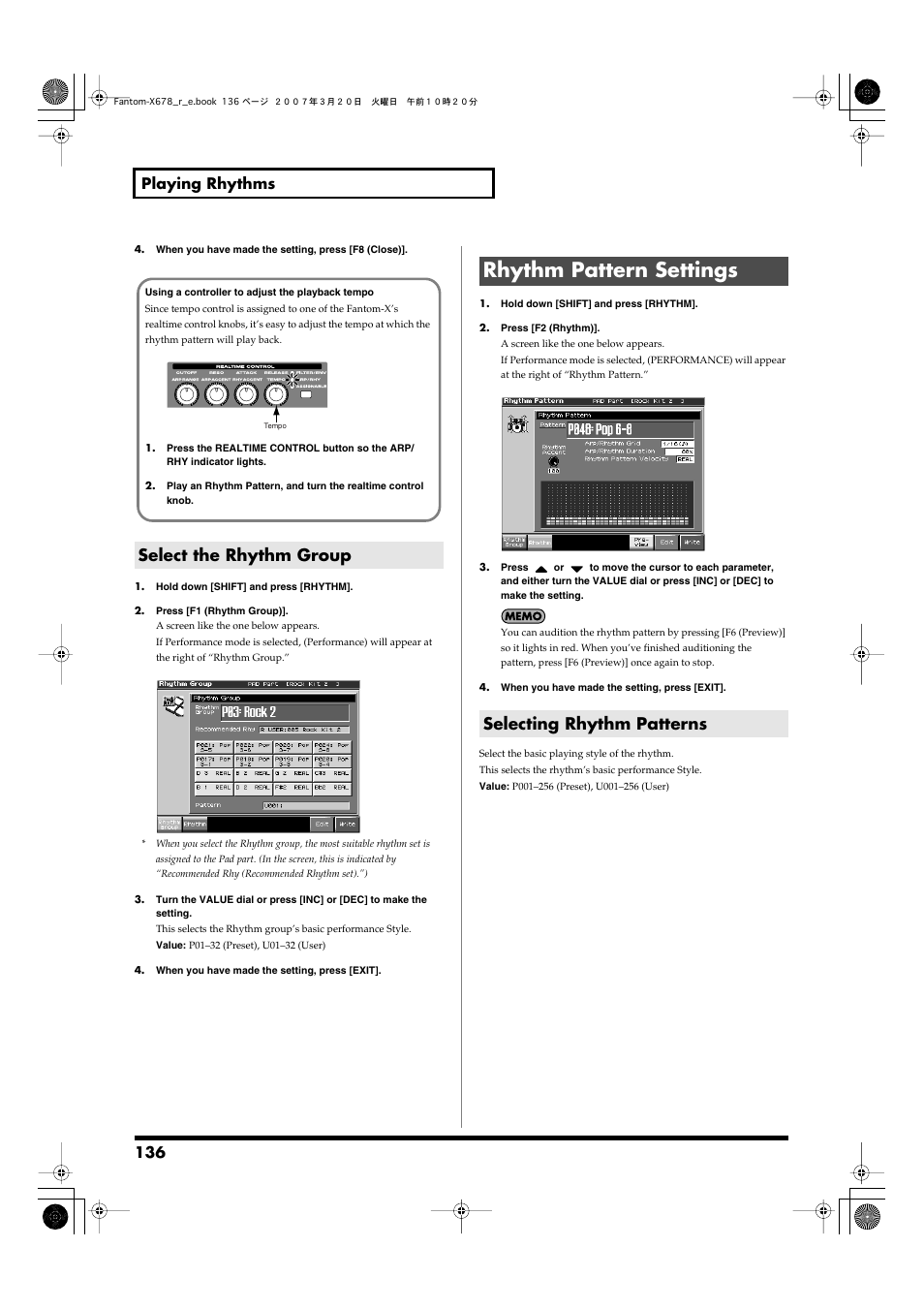 Select the rhythm group, Rhythm pattern settings, Selecting rhythm patterns | 136 playing rhythms | Roland X-6 User Manual | Page 136 / 348