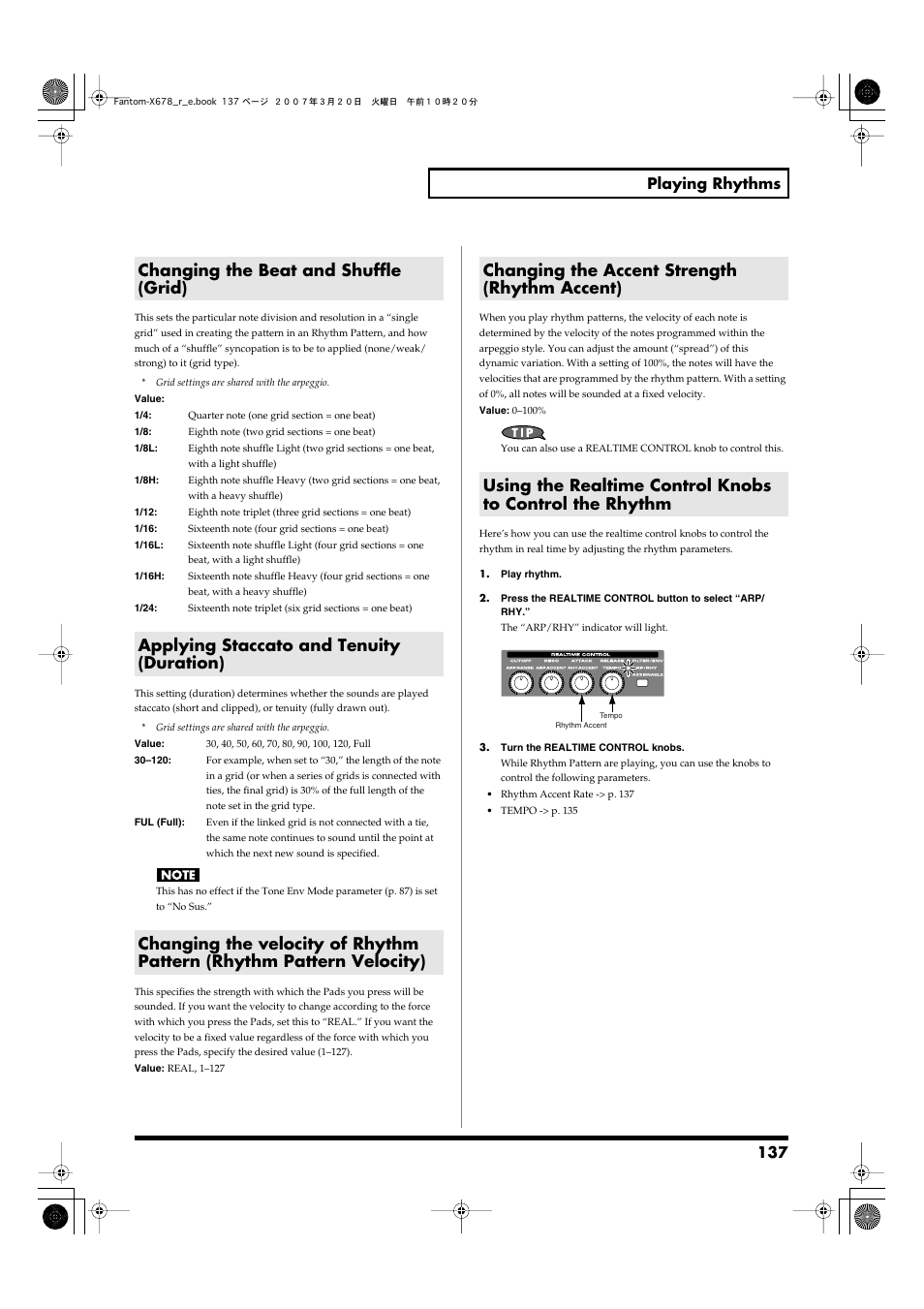 Changing the beat and shuffle (grid), Applying staccato and tenuity (duration), Changing the accent strength (rhythm accent) | 137 playing rhythms | Roland X-6 User Manual | Page 137 / 348