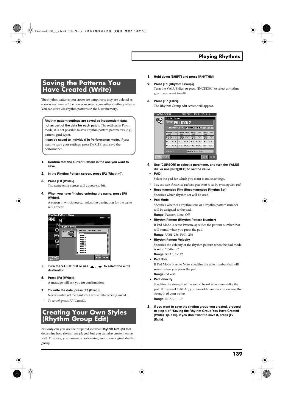 Saving the patterns you have created (write), Creating your own styles (rhythm group edit), 139 playing rhythms | Roland X-6 User Manual | Page 139 / 348