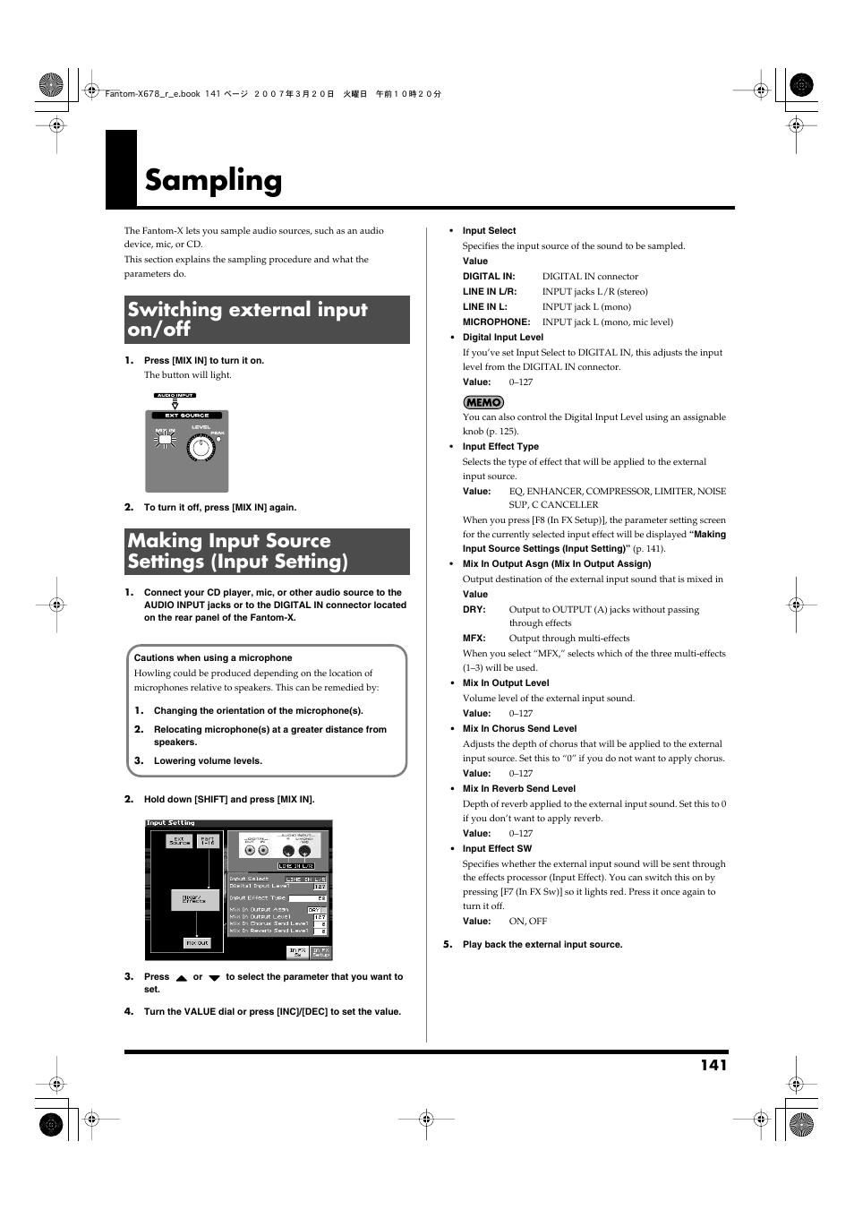 Sampling, Switching external input on/off, Making input source settings (input setting) | Switches the external input on/off. -> (p. 141), Select (p. 141) to “microphone | Roland X-6 User Manual | Page 141 / 348