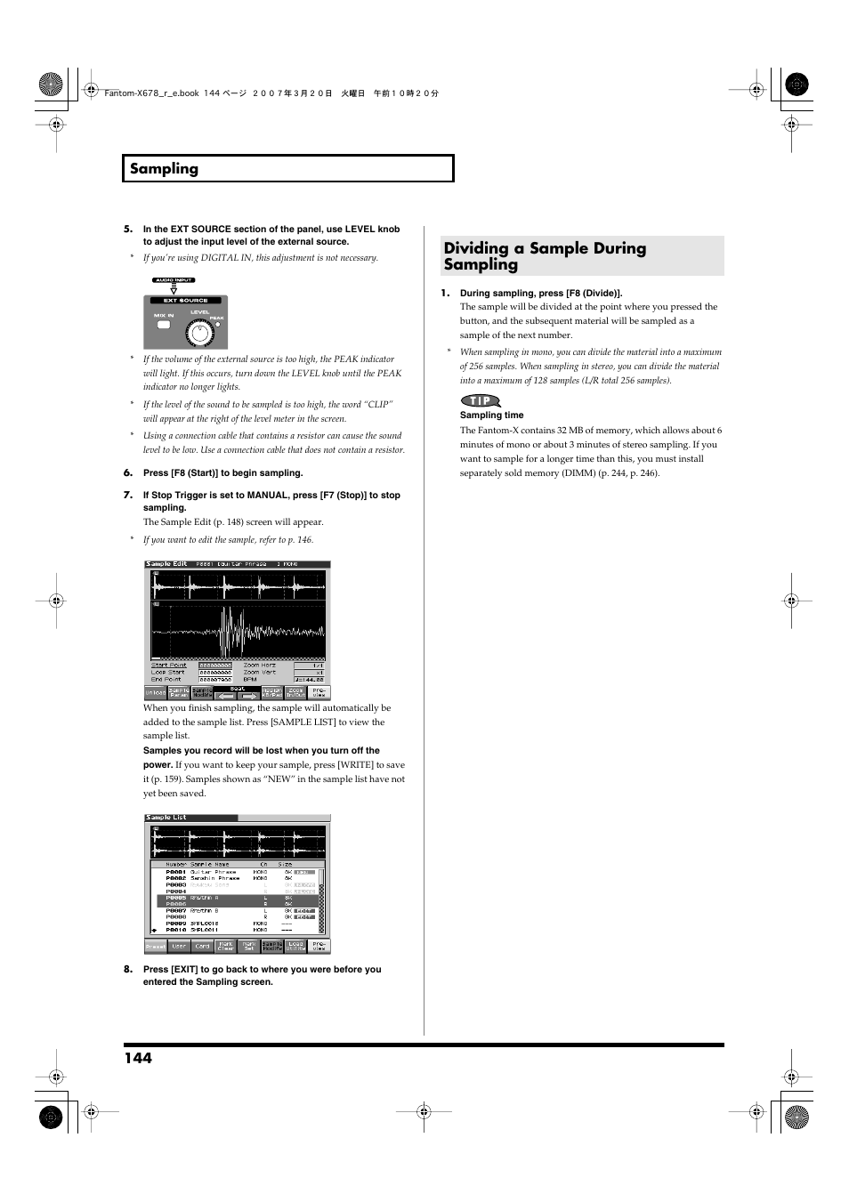 Dividing a sample during sampling, 144 sampling | Roland X-6 User Manual | Page 144 / 348