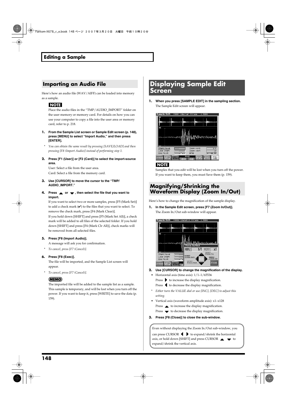 Importing an audio file, Displaying sample edit screen, Edit a sample. -> (p. 148) | The sample edit (p. 148) screen will appear, 148 editing a sample | Roland X-6 User Manual | Page 148 / 348