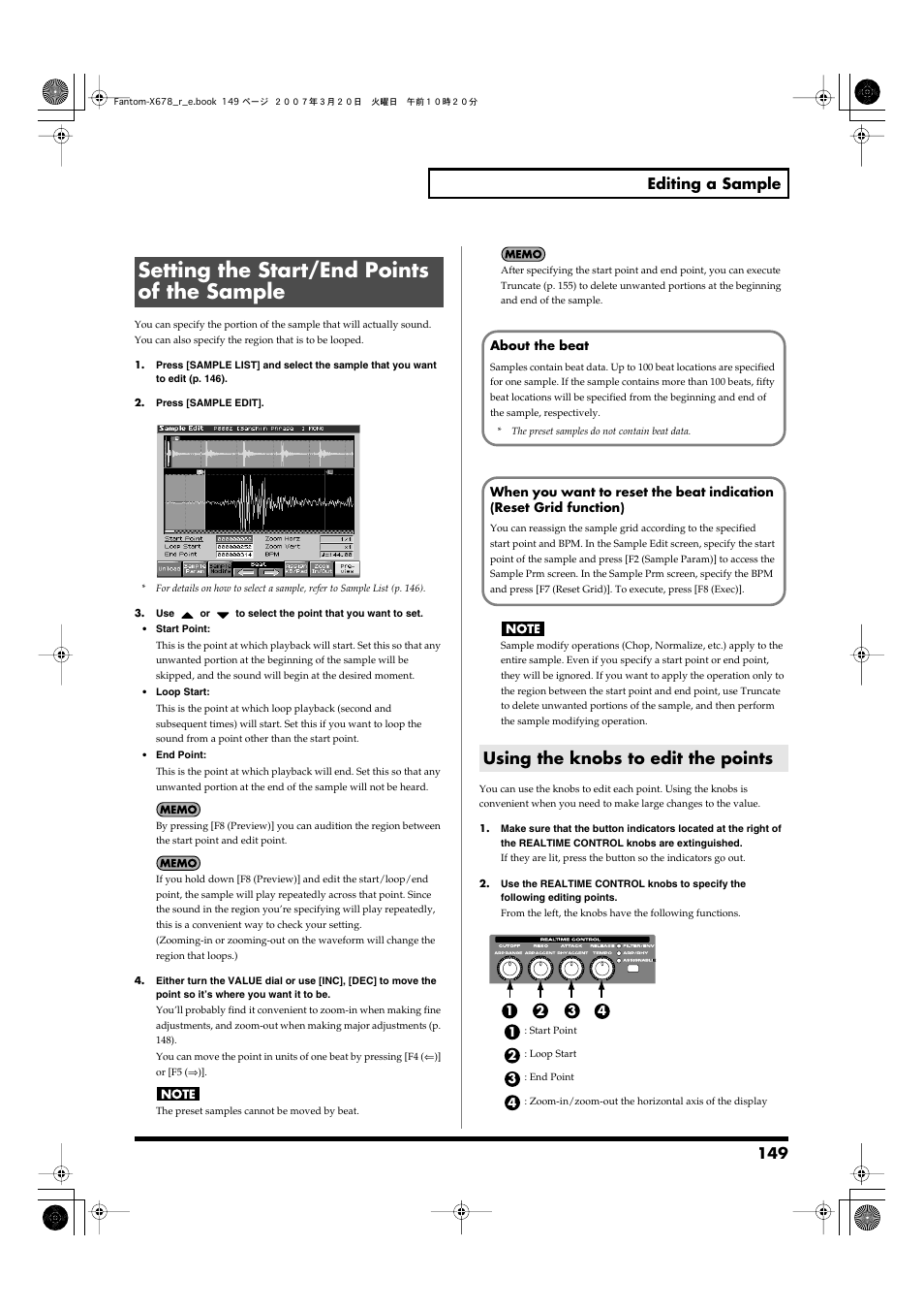 Setting the start/end points of the sample, Using the knobs to edit the points, 149 editing a sample | Roland X-6 User Manual | Page 149 / 348