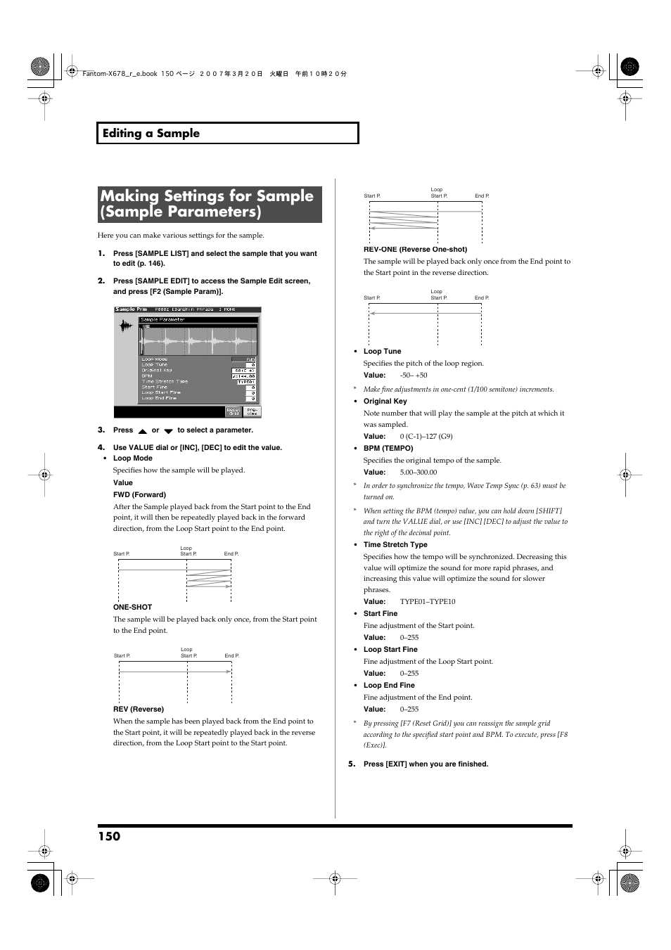 Making settings for sample (sample parameters), 150 editing a sample | Roland X-6 User Manual | Page 150 / 348