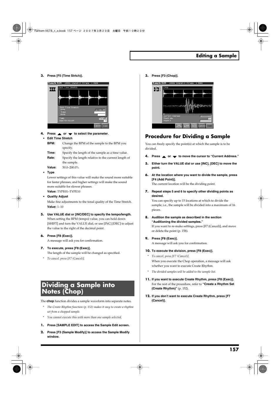Dividing a sample into notes (chop), Procedure for dividing a sample, 157 editing a sample | Roland X-6 User Manual | Page 157 / 348