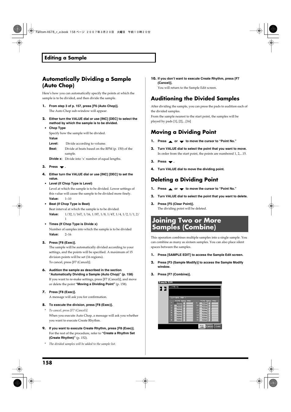 Joining two or more samples (combine), Or delete the point (p. 158), Automatically dividing a sample (auto chop) | Auditioning the divided samples, Moving a dividing point, Deleting a dividing point, 158 editing a sample | Roland X-6 User Manual | Page 158 / 348
