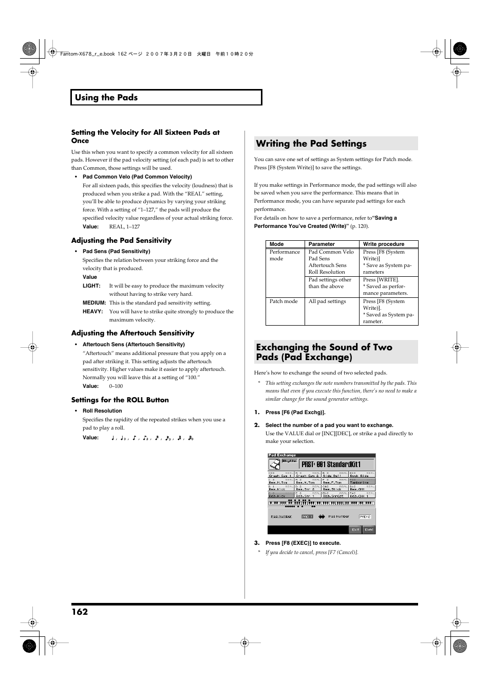 Writing the pad settings, Exchanging the sound of two pads (pad exchange), 162 using the pads | Roland X-6 User Manual | Page 162 / 348