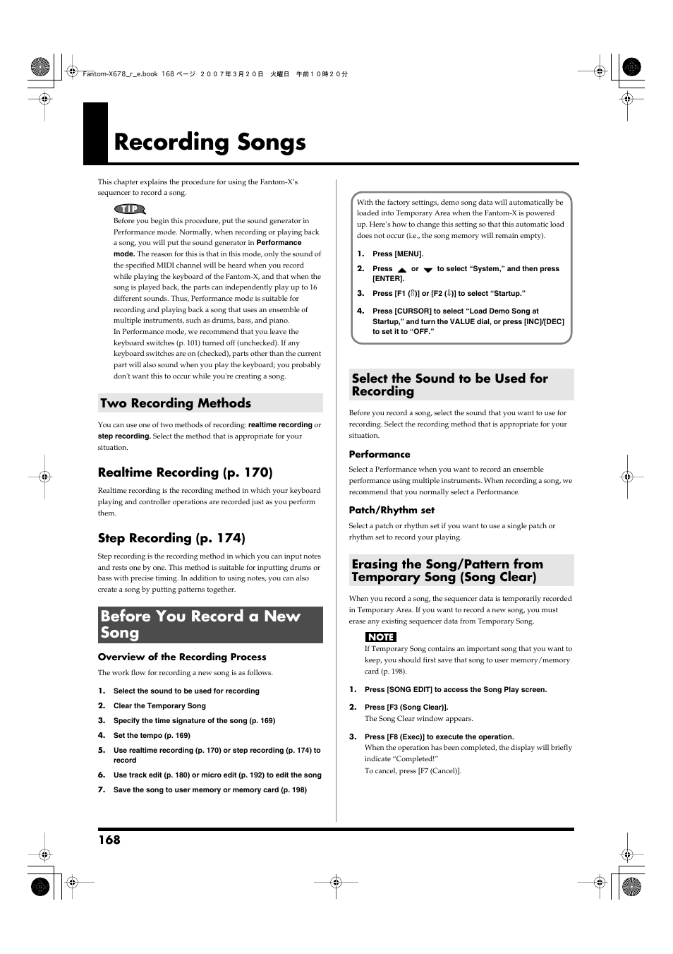 Recording songs, Two recording methods, Before you record a new song | Select the sound to be used for recording, Realtime recording (p. 170), Step recording (p. 174) | Roland X-6 User Manual | Page 168 / 348