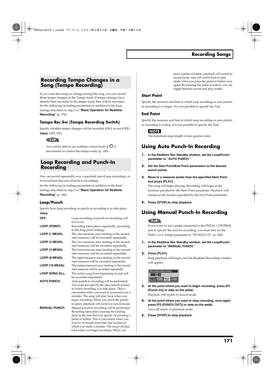 Loop recording and punch-in recording, Specify the punch-in/out points (punch in p. 171), Using auto punch-in recording | Using manual punch-in recording, 171 recording songs | Roland X-6 User Manual | Page 171 / 348