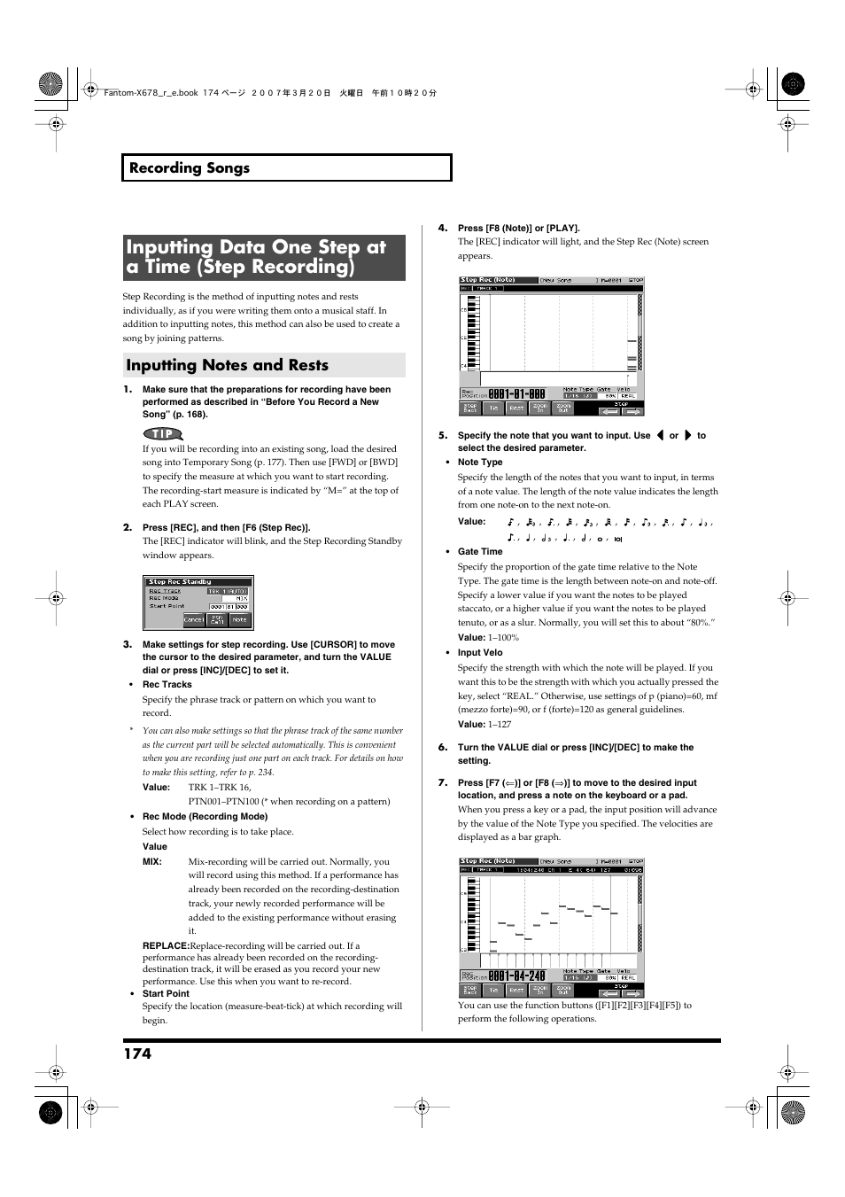 Inputting data one step at a time (step recording), Inputting notes and rests, Step recording (p. 174) | 174 recording songs | Roland X-6 User Manual | Page 174 / 348