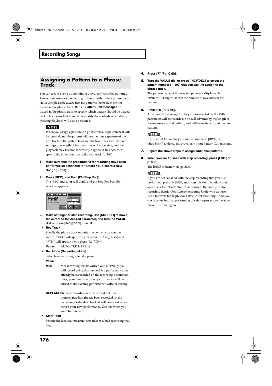 Assigning a pattern to a phrase track, 176 recording songs | Roland X-6 User Manual | Page 176 / 348