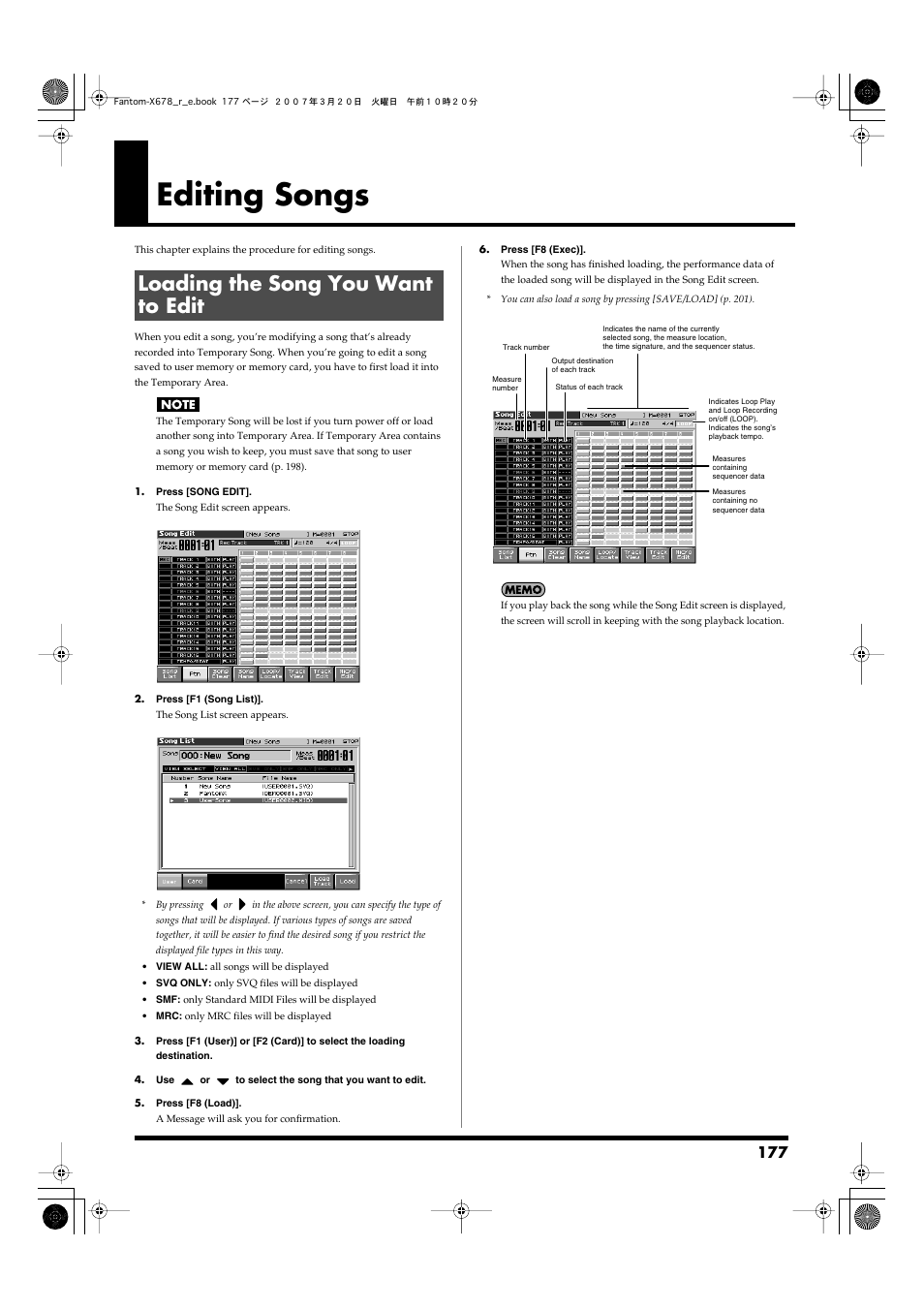 Editing songs, Loading the song you want to edit | Roland X-6 User Manual | Page 177 / 348