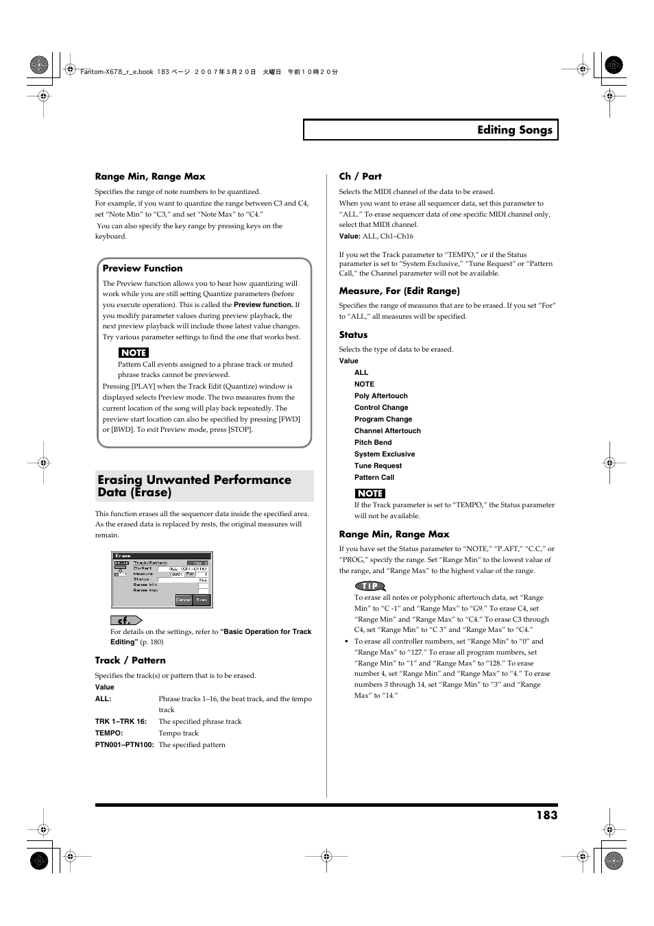 Erasing unwanted performance data (erase), Erase->p. 183, 183 editing songs | Roland X-6 User Manual | Page 183 / 348
