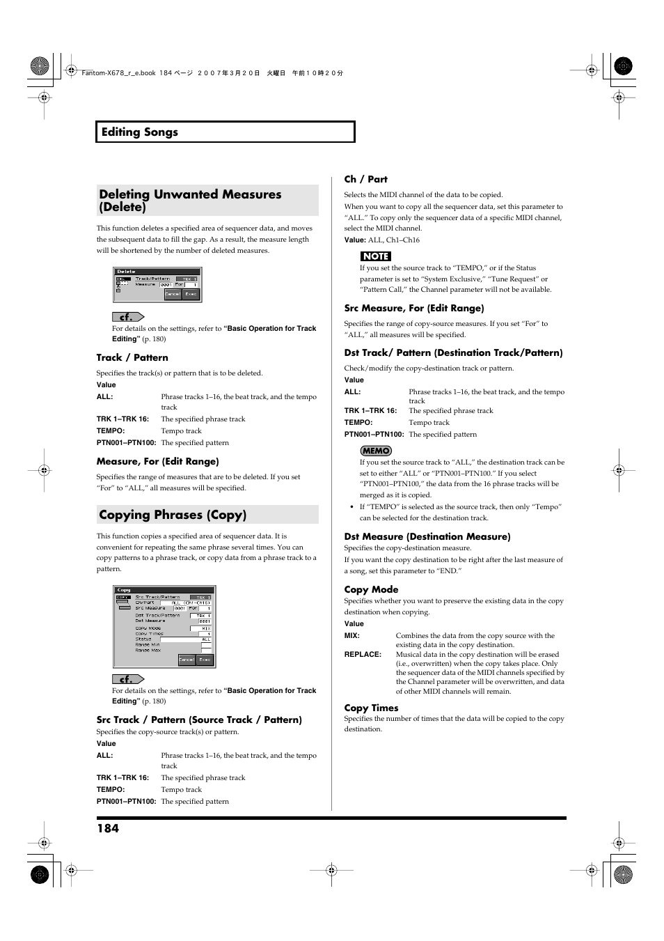 Deleting unwanted measures (delete), Copying phrases (copy), Delete->p. 184 | Copy->p. 184, 184 editing songs | Roland X-6 User Manual | Page 184 / 348