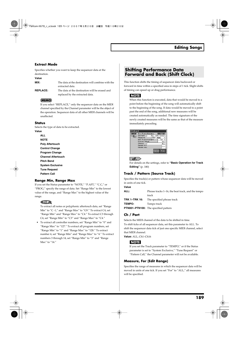 Shift clock->p. 189, 189 editing songs | Roland X-6 User Manual | Page 189 / 348