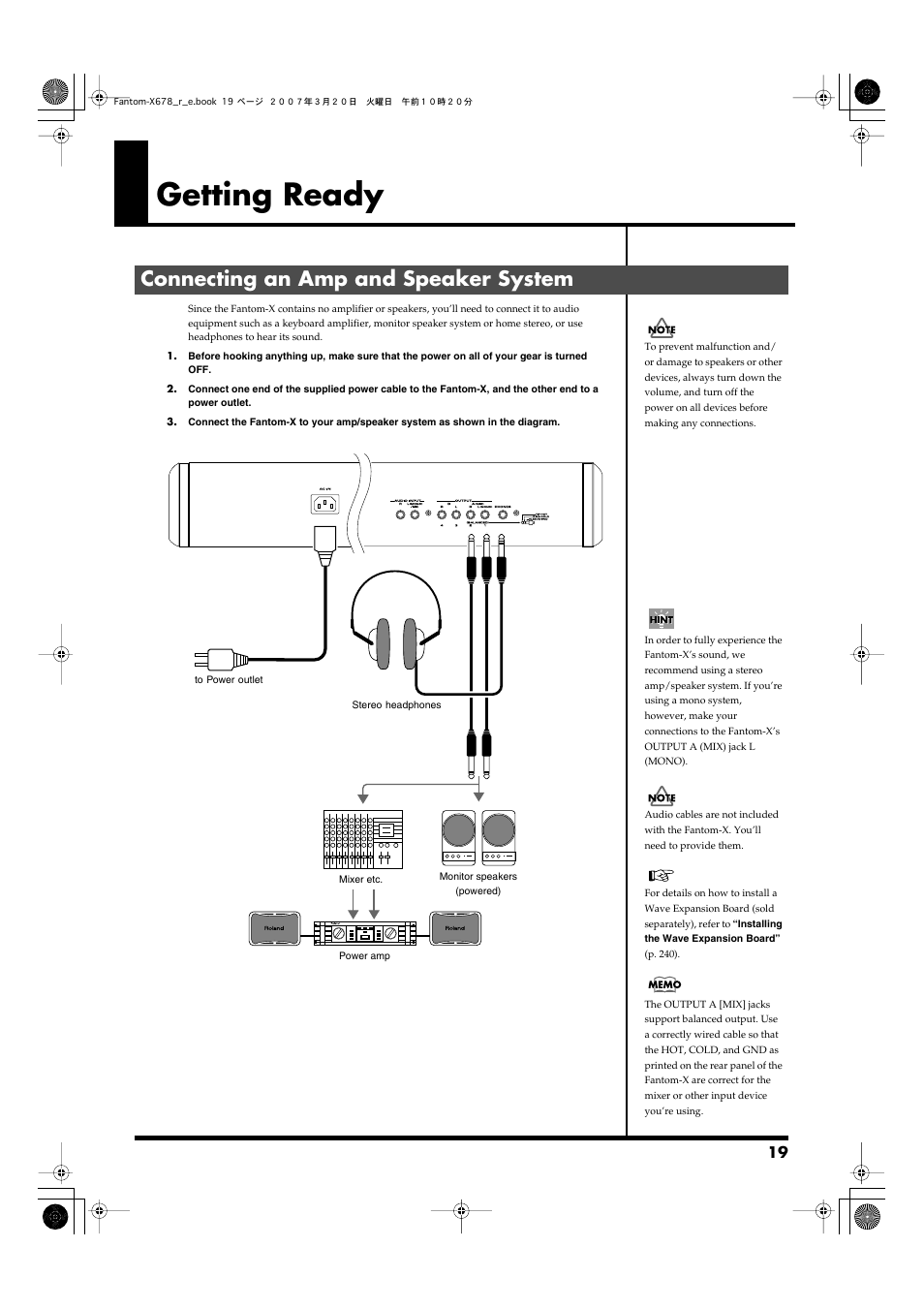 Getting ready, Connecting an amp and speaker system | Roland X-6 User Manual | Page 19 / 348