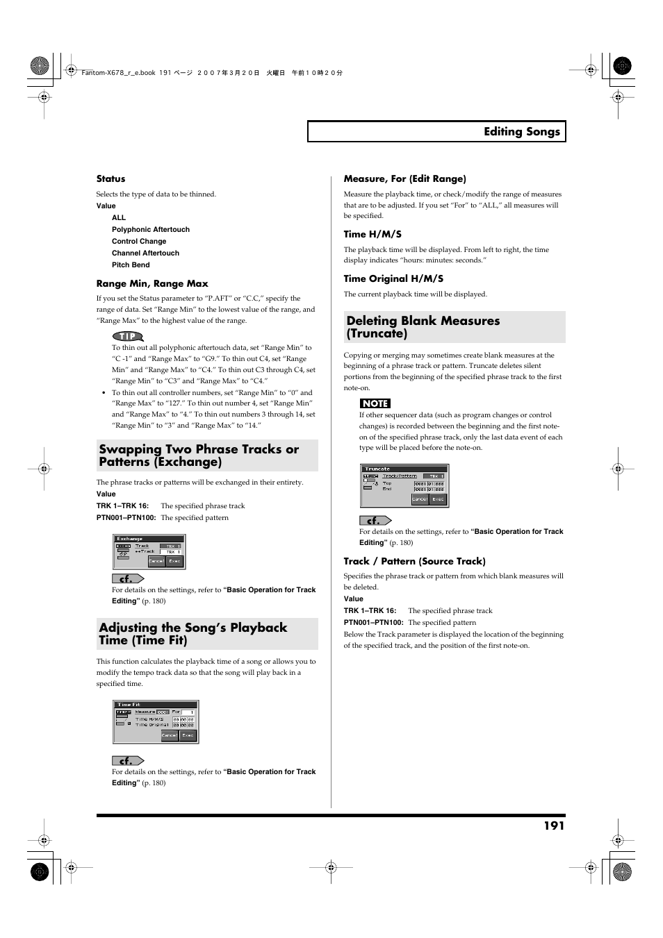 Swapping two phrase tracks or patterns (exchange), Adjusting the song’s playback time (time fit), Deleting blank measures (truncate) | Exchange->p. 191, Time fit->p. 191, Truncate->p. 191, 191 editing songs | Roland X-6 User Manual | Page 191 / 348