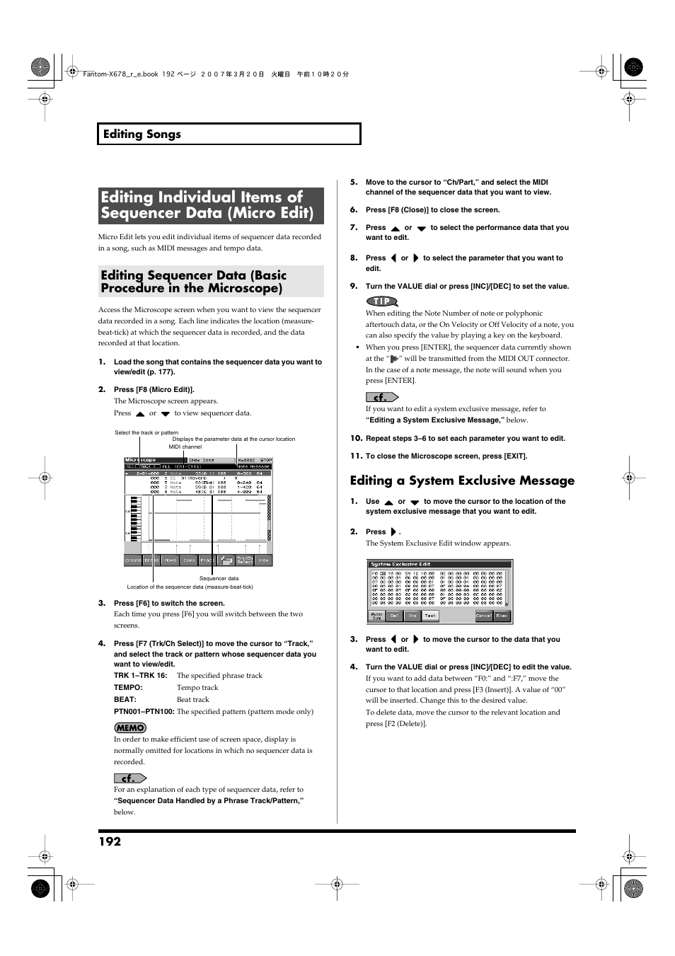 Editing a system exclusive message, 192 editing songs | Roland X-6 User Manual | Page 192 / 348