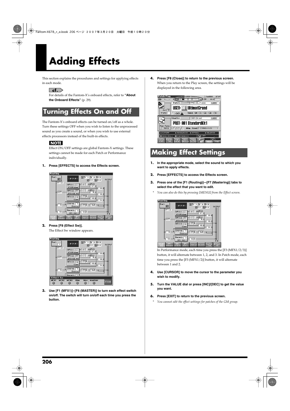 Adding effects, Turning effects on and off, Making effect settings | Turning effects on and off making effect settings, Settings. -> (p. 206), P. 206, P. 206) | Roland X-6 User Manual | Page 206 / 348