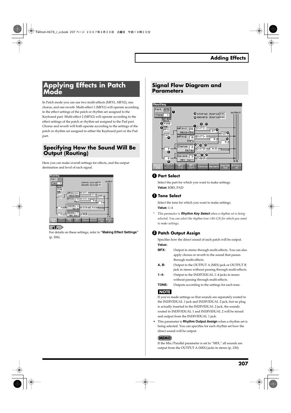 Applying effects in patch mode, Specifying how the sound will be output (routing), Signal flow diagram and parameters | Output assign setting (p. 207), P. 207), 207 adding effects | Roland X-6 User Manual | Page 207 / 348