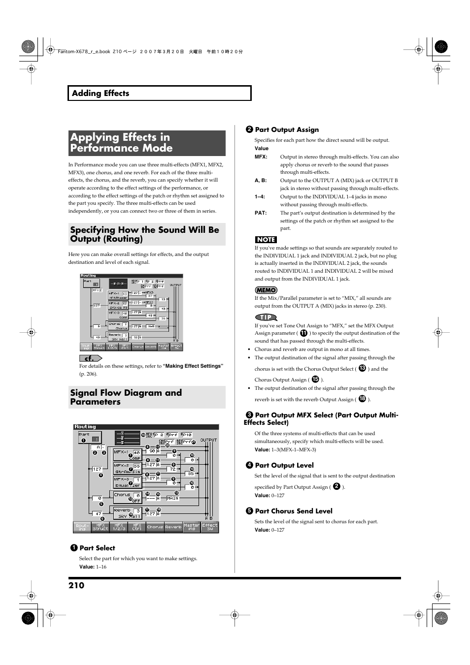 Applying effects in performance mode, Specifying how the sound will be output (routing), Signal flow diagram and parameters | 210 adding effects | Roland X-6 User Manual | Page 210 / 348