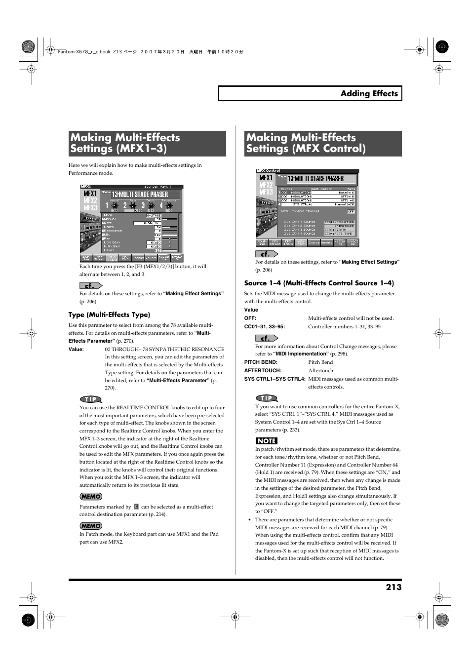 Making multi-effects settings (mfx1–3), Making multi-effects settings (mfx control), P. 213) | 213 adding effects | Roland X-6 User Manual | Page 213 / 348
