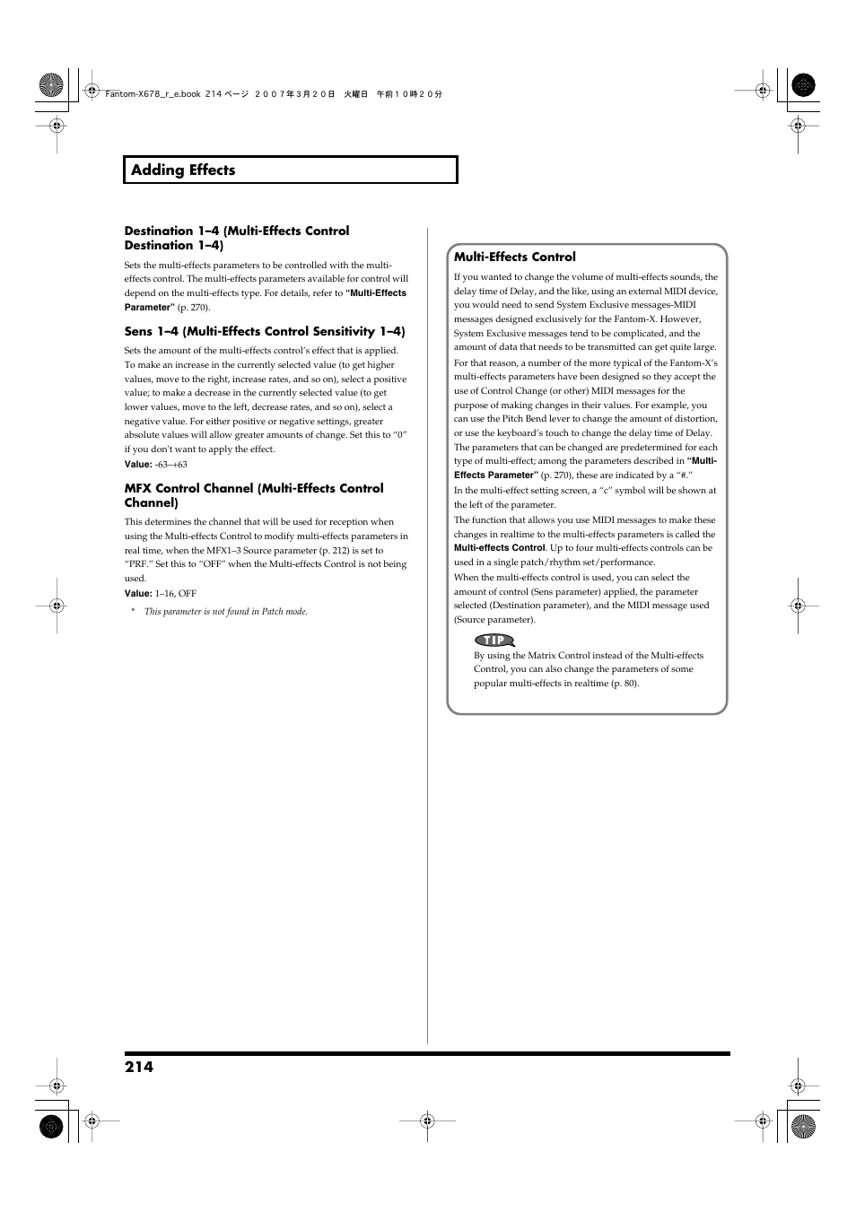 Control destination parameter (p. 214), 214 adding effects | Roland X-6 User Manual | Page 214 / 348