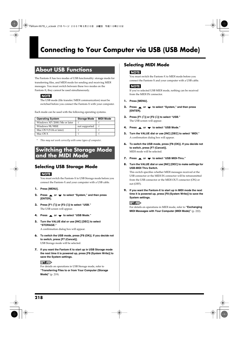 Connecting to your computer via usb (usb mode), About usb functions, Switching the storage mode and the midi mode | The fantom-x. -> (p. 218), Card, refer to p. 218, Selecting usb storage mode, Selecting midi mode | Roland X-6 User Manual | Page 218 / 348
