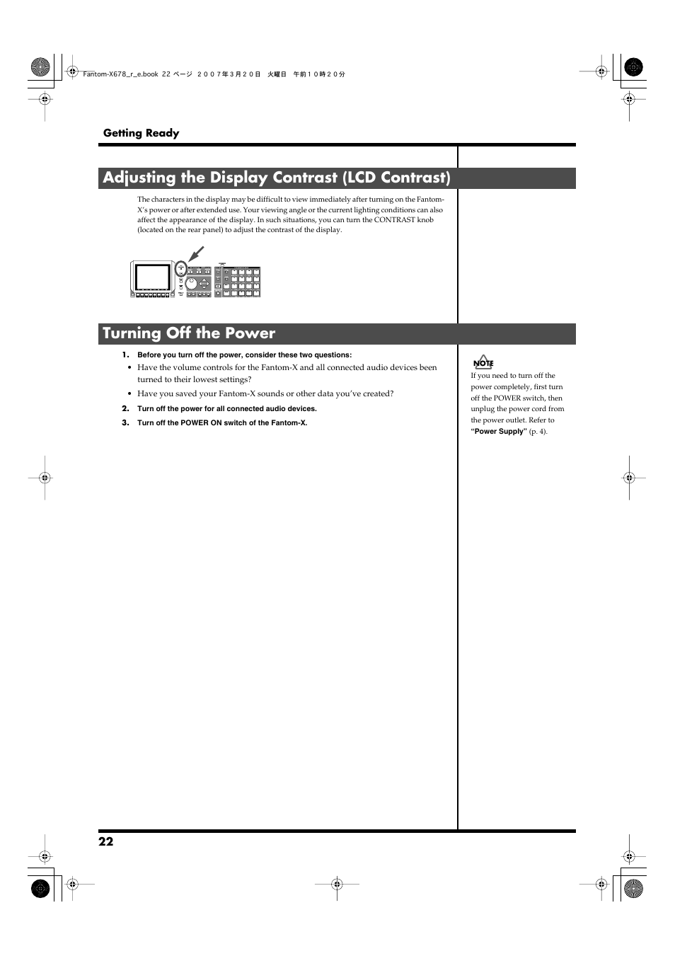 Adjusting the display contrast (lcd contrast), Turning off the power, Cord from the outlet (p. 22) | Adjusts the display contrast. -> (p. 22) | Roland X-6 User Manual | Page 22 / 348