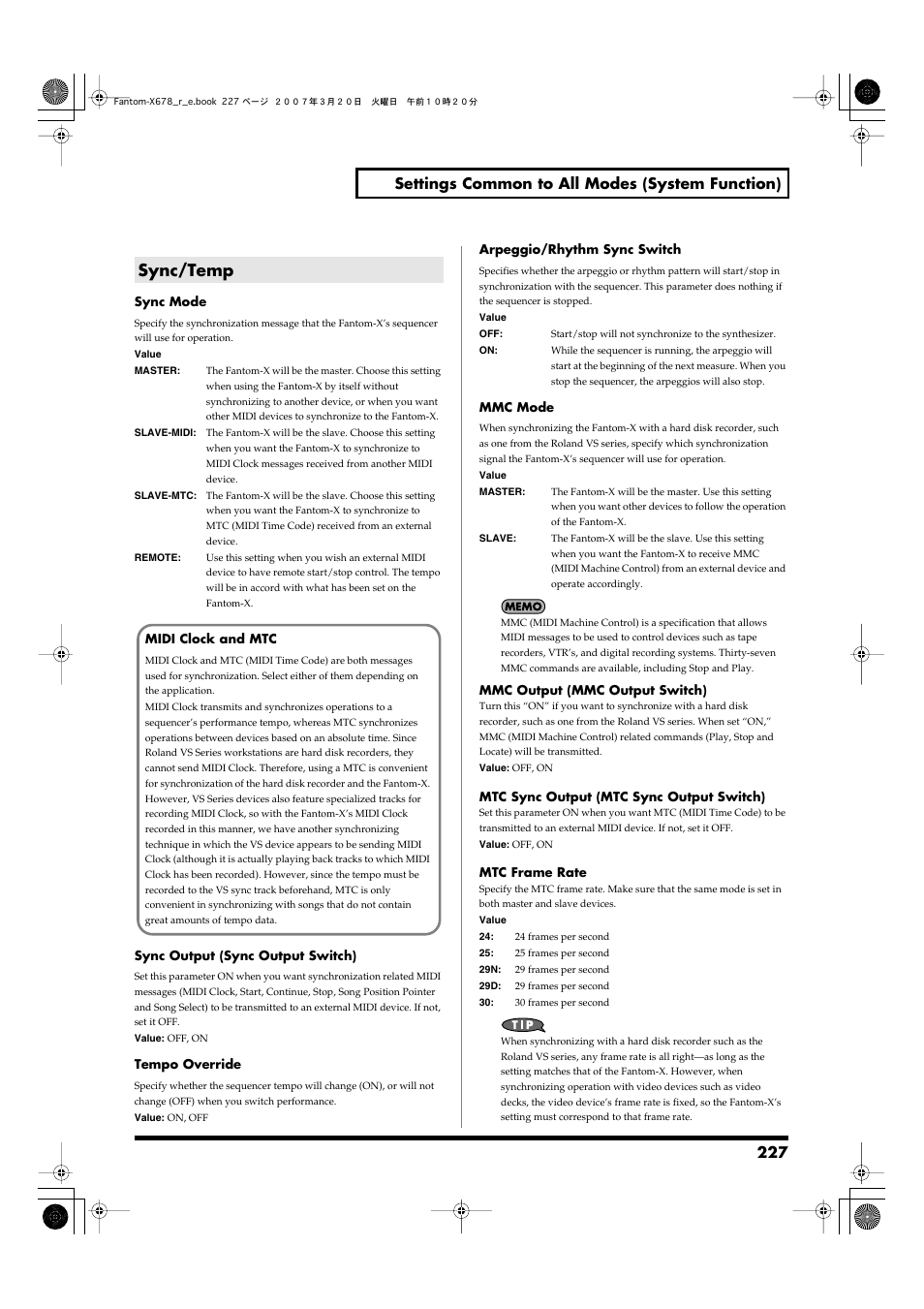 Sync/temp, P. 227), For details, refer to | Arpeggio/rhythm sync switch, 227 settings common to all modes (system function) | Roland X-6 User Manual | Page 227 / 348