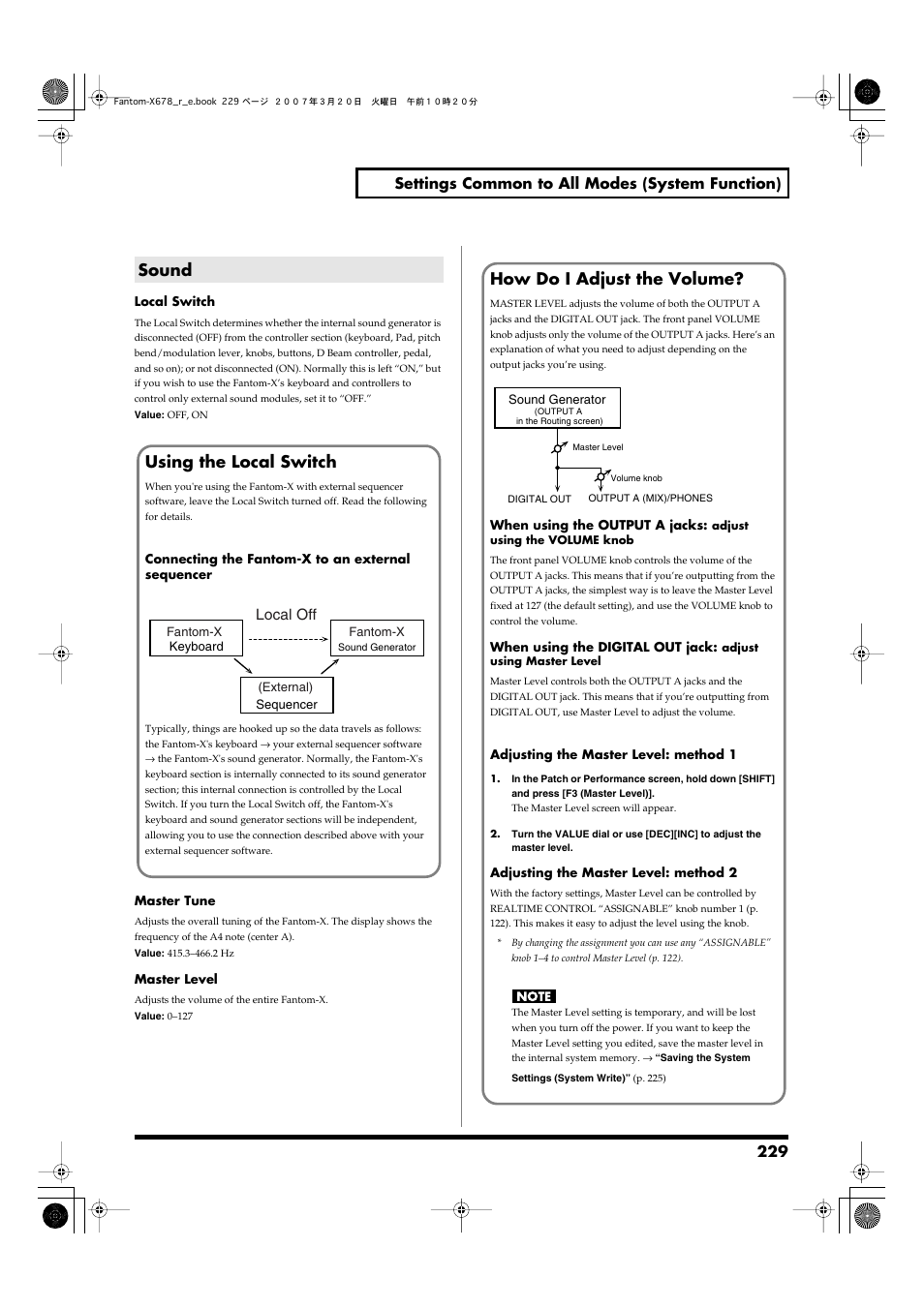 Sound, For details, refer to, How do i adjust the volume | P. 229), Sound using the local switch, 229 settings common to all modes (system function), Local off | Roland X-6 User Manual | Page 229 / 348