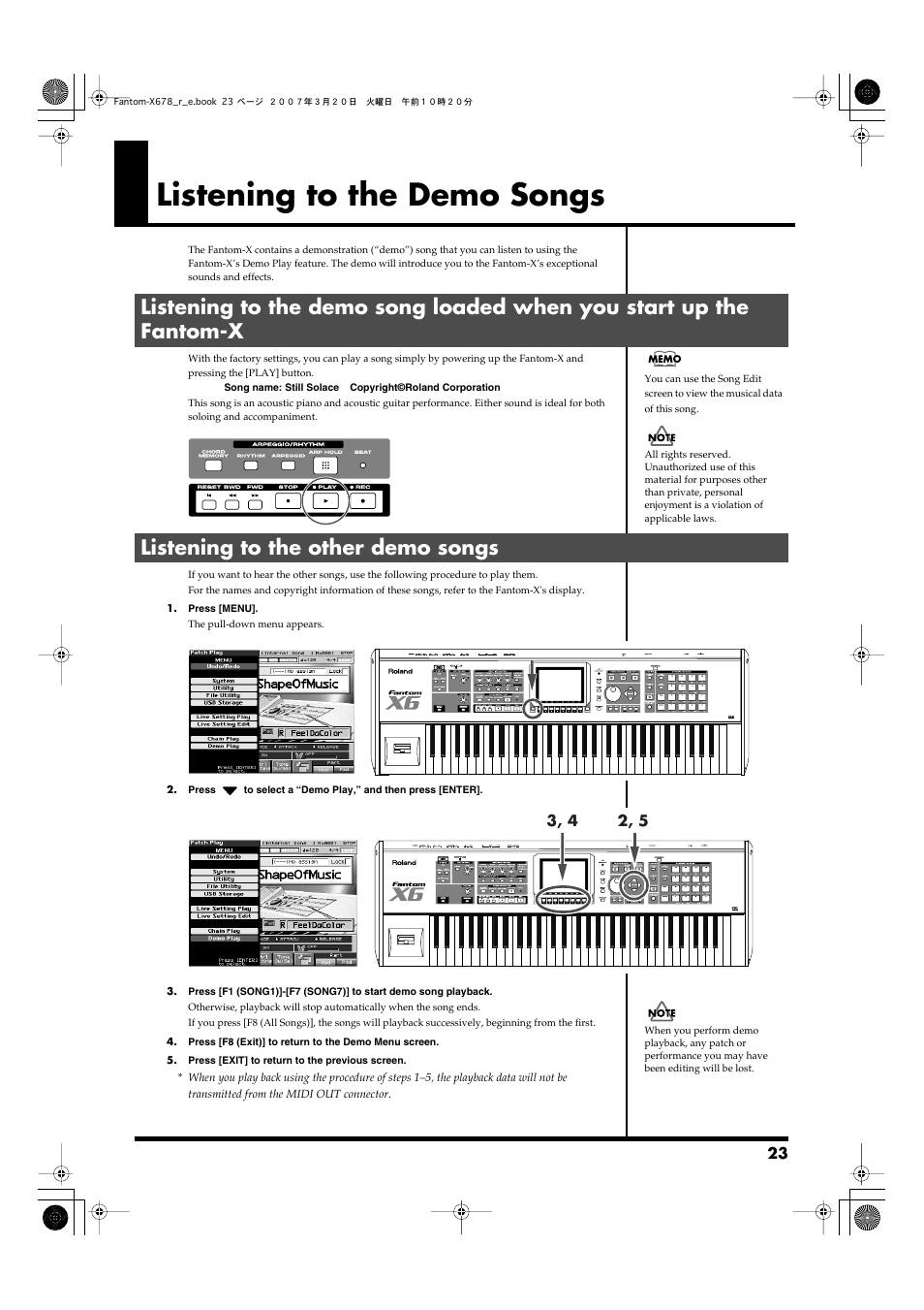 Listening to the demo songs, Listening to the other demo songs | Roland X-6 User Manual | Page 23 / 348
