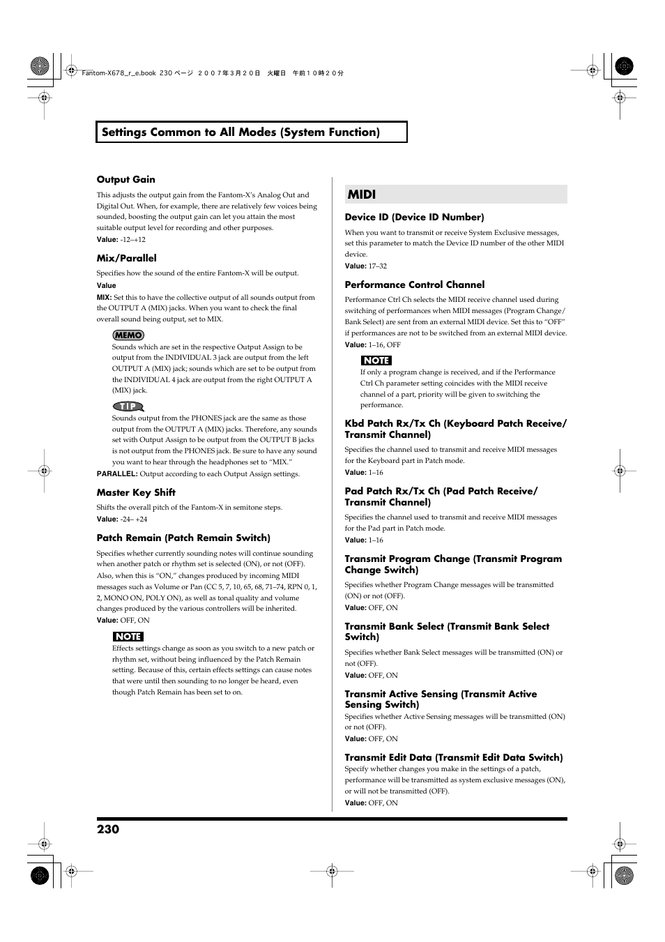 Midi, Stereo (p. 230), From the output a (mix) jacks in stereo (p. 230) | 230 settings common to all modes (system function) | Roland X-6 User Manual | Page 230 / 348