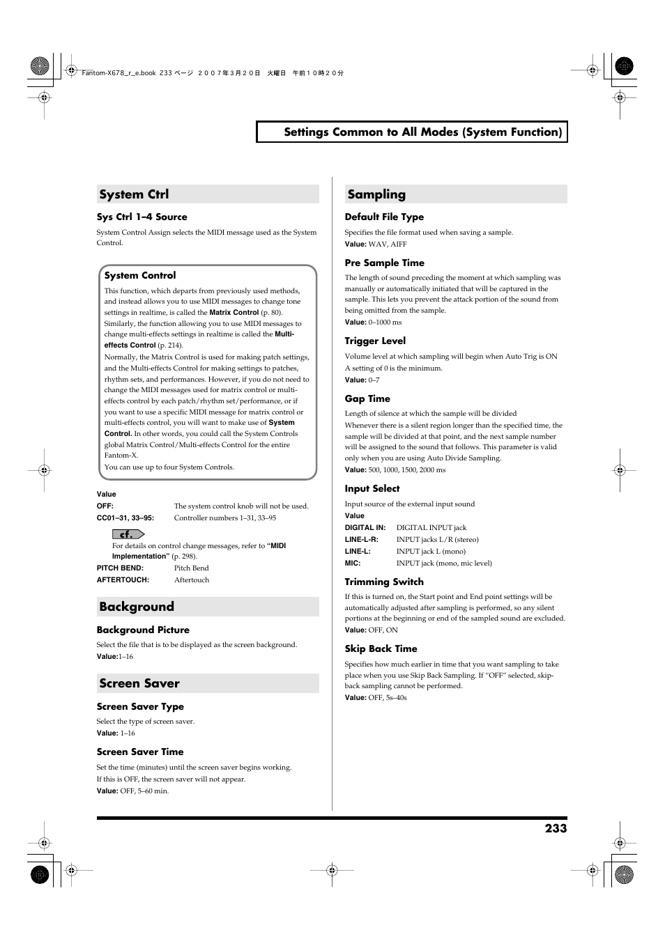 System ctrl, Background, Screen saver | Sampling, System ctrl background screen saver sampling, Parameters (p. 233), System ctrl background screen saver, 233 settings common to all modes (system function) | Roland X-6 User Manual | Page 233 / 348