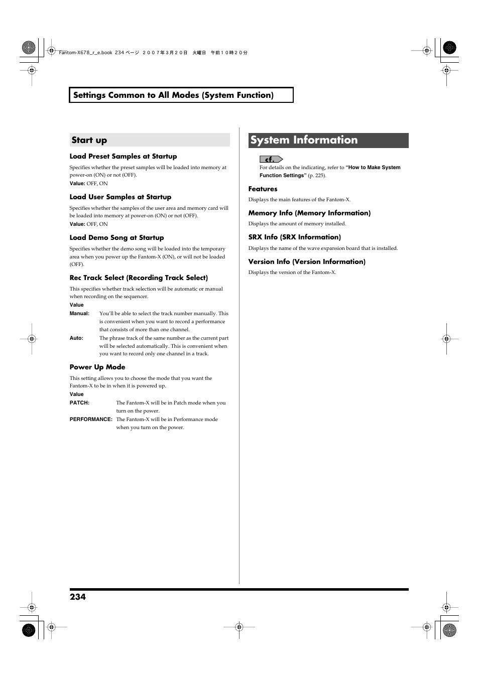 Start up, System information, To make this setting, refer to p. 234 | 234 settings common to all modes (system function) | Roland X-6 User Manual | Page 234 / 348