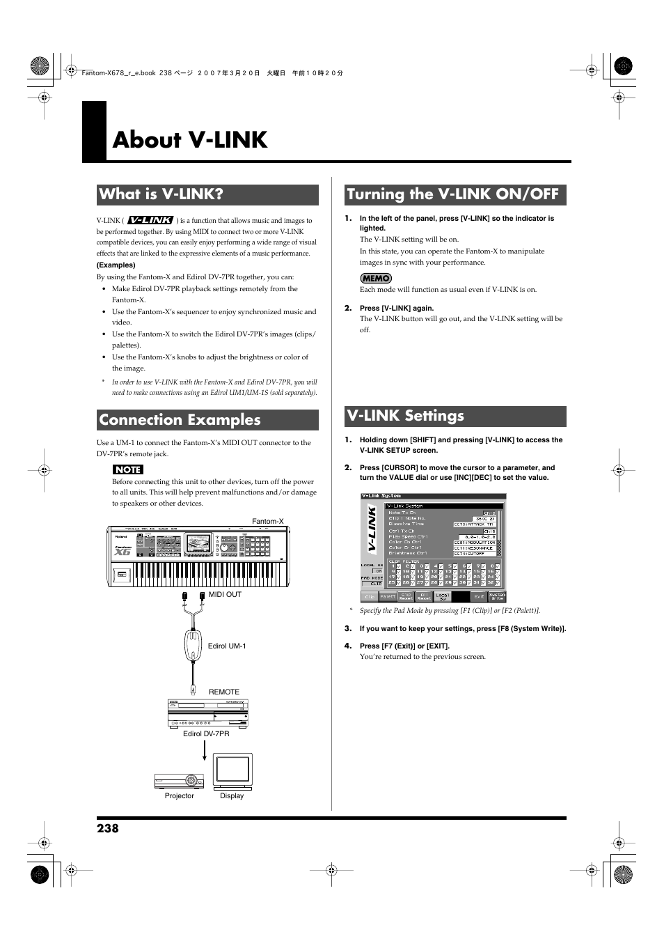 About v-link, What is v-link, Connection examples | Turning the v-link on/off, V-link settings, P. 238), What is v-link? connection examples, Turning the v-link on/off v-link settings | Roland X-6 User Manual | Page 238 / 348