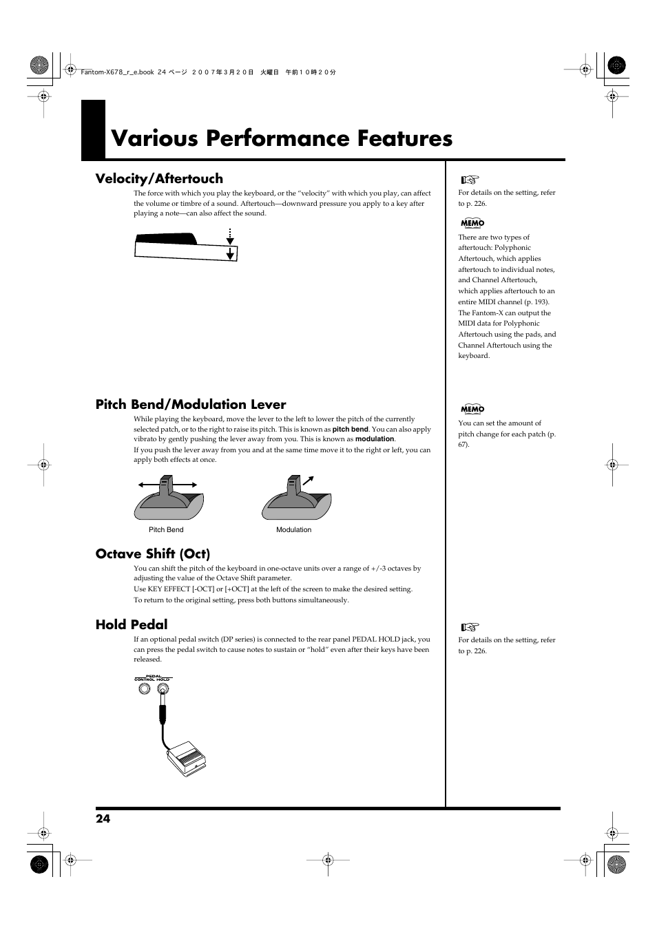 Various performance features, Velocity/aftertouch, Pitch bend/modulation lever | Octave shift (oct), Hold pedal, Octave shift (oct) hold pedal, Jack for use as a hold pedal. -> (p. 24) | Roland X-6 User Manual | Page 24 / 348