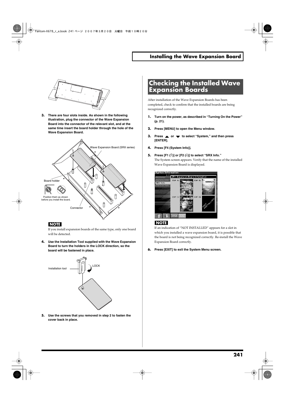 Checking the installed wave expansion boards, 241 installing the wave expansion board | Roland X-6 User Manual | Page 241 / 348