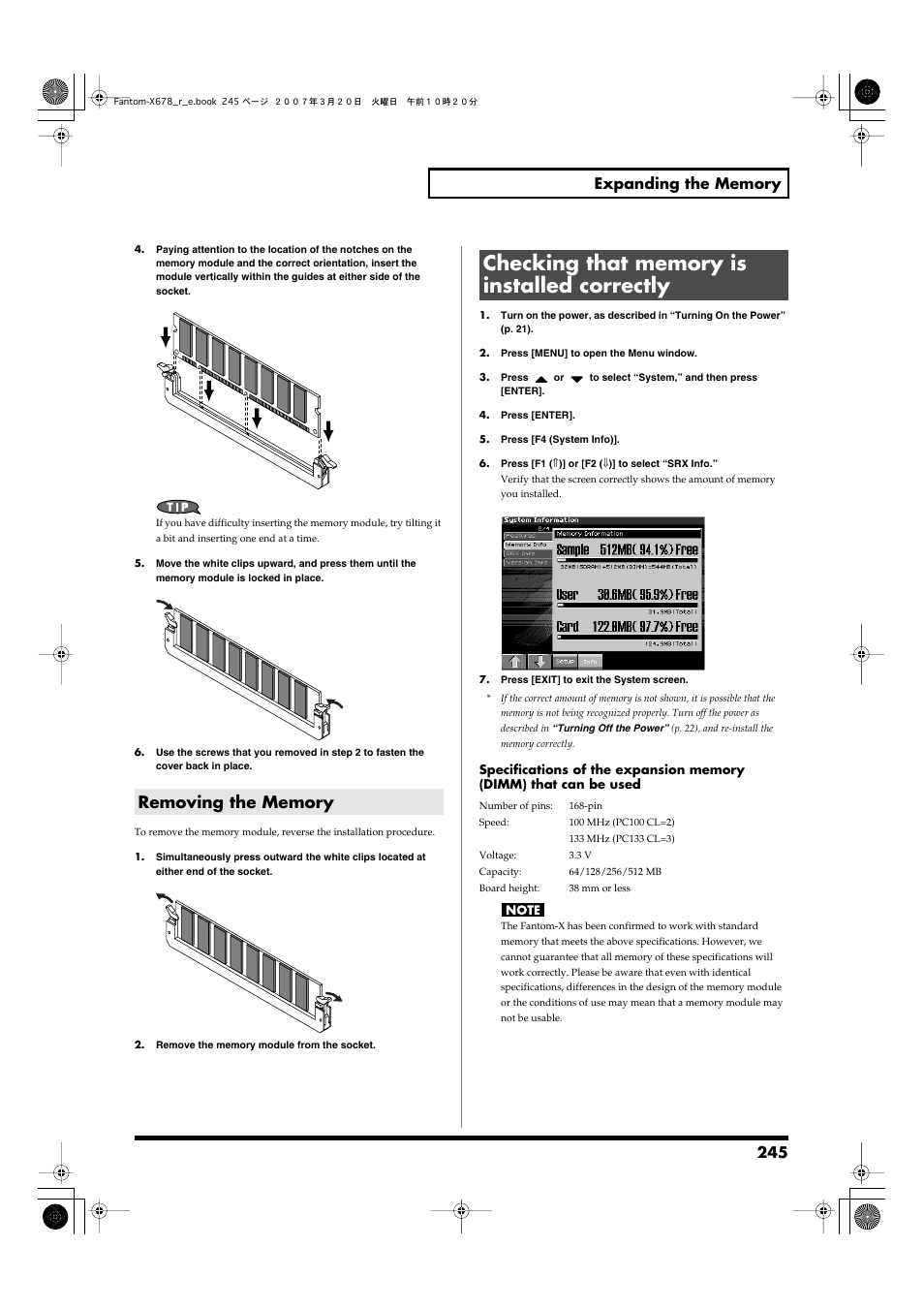 Removing the memory, Checking that memory is installed correctly | Roland X-6 User Manual | Page 245 / 348