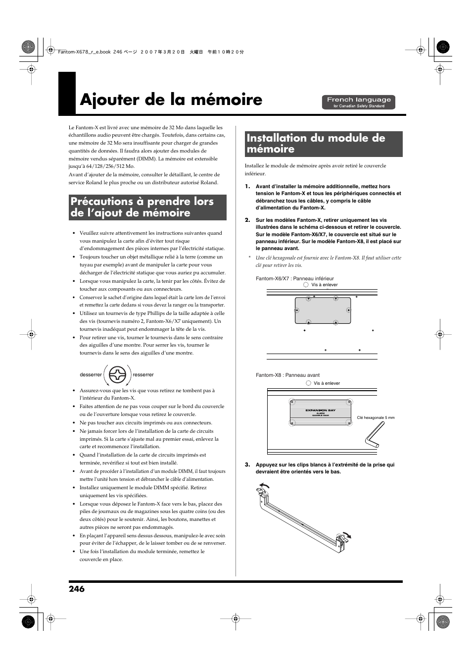 Ajouter de la mémoire, Précautions à prendre lors de l’ajout de mémoire, Installation du module de mémoire | Roland X-6 User Manual | Page 246 / 348