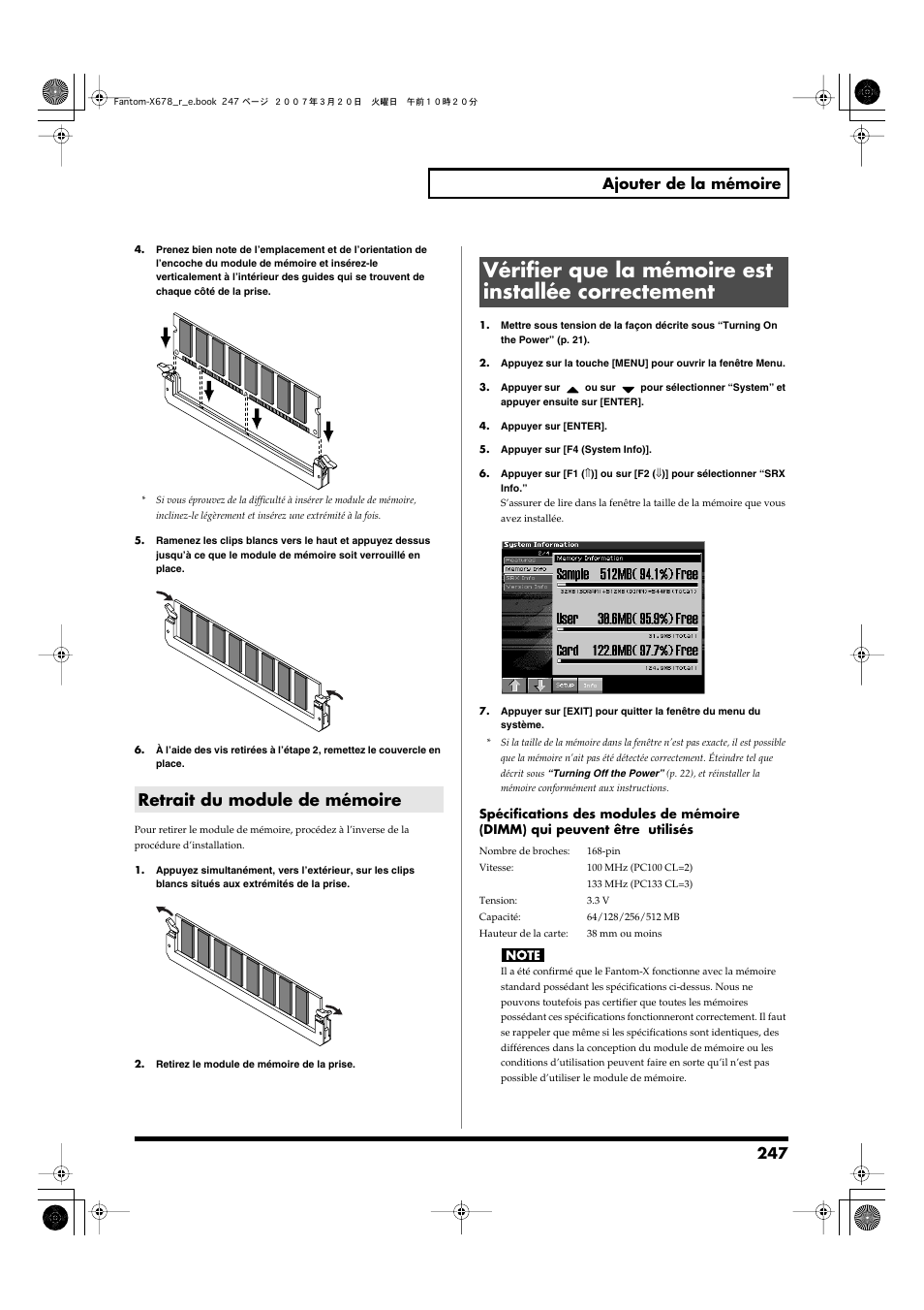 Retrait du module de mémoire, Vérifier que la mémoire est installée correctement, 247 ajouter de la mémoire | Roland X-6 User Manual | Page 247 / 348