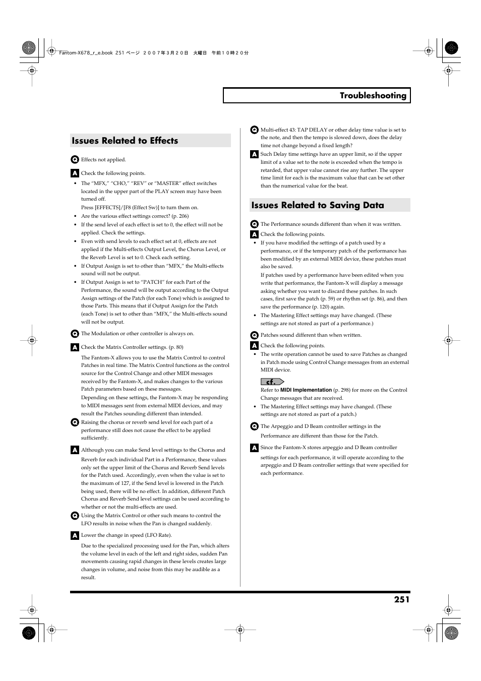 Issues related to effects, Issues related to saving data, 251 troubleshooting | Roland X-6 User Manual | Page 251 / 348